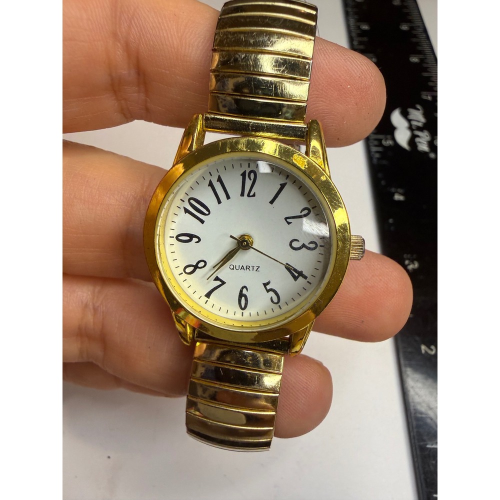 Gold Tone Quartz Watch Round White Dial Arabic Numerals Expansion Band